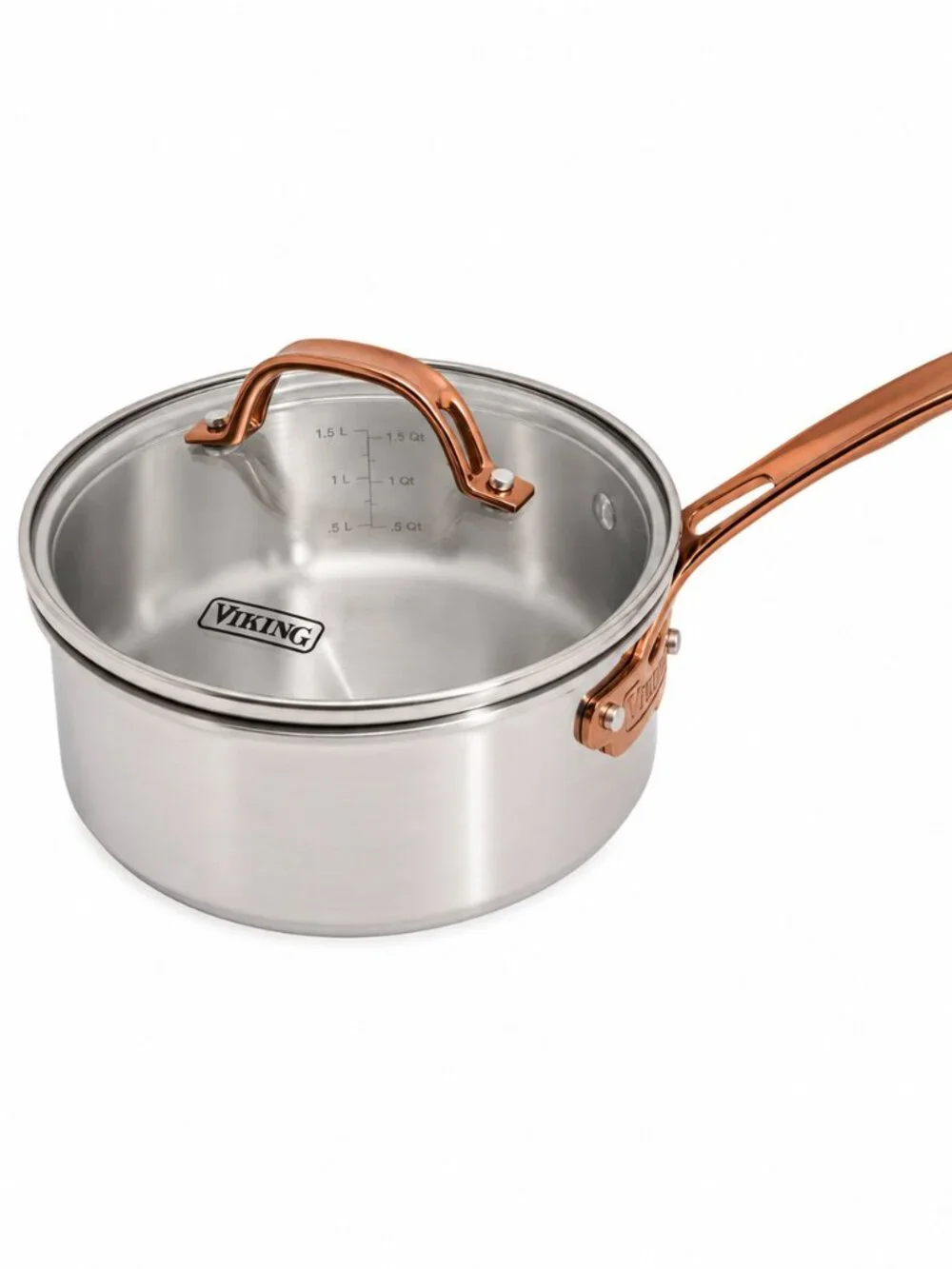 Viking 3-Ply Stainless Steel 2.25 Quart Sauce Pan Glass Lid Copper Handle